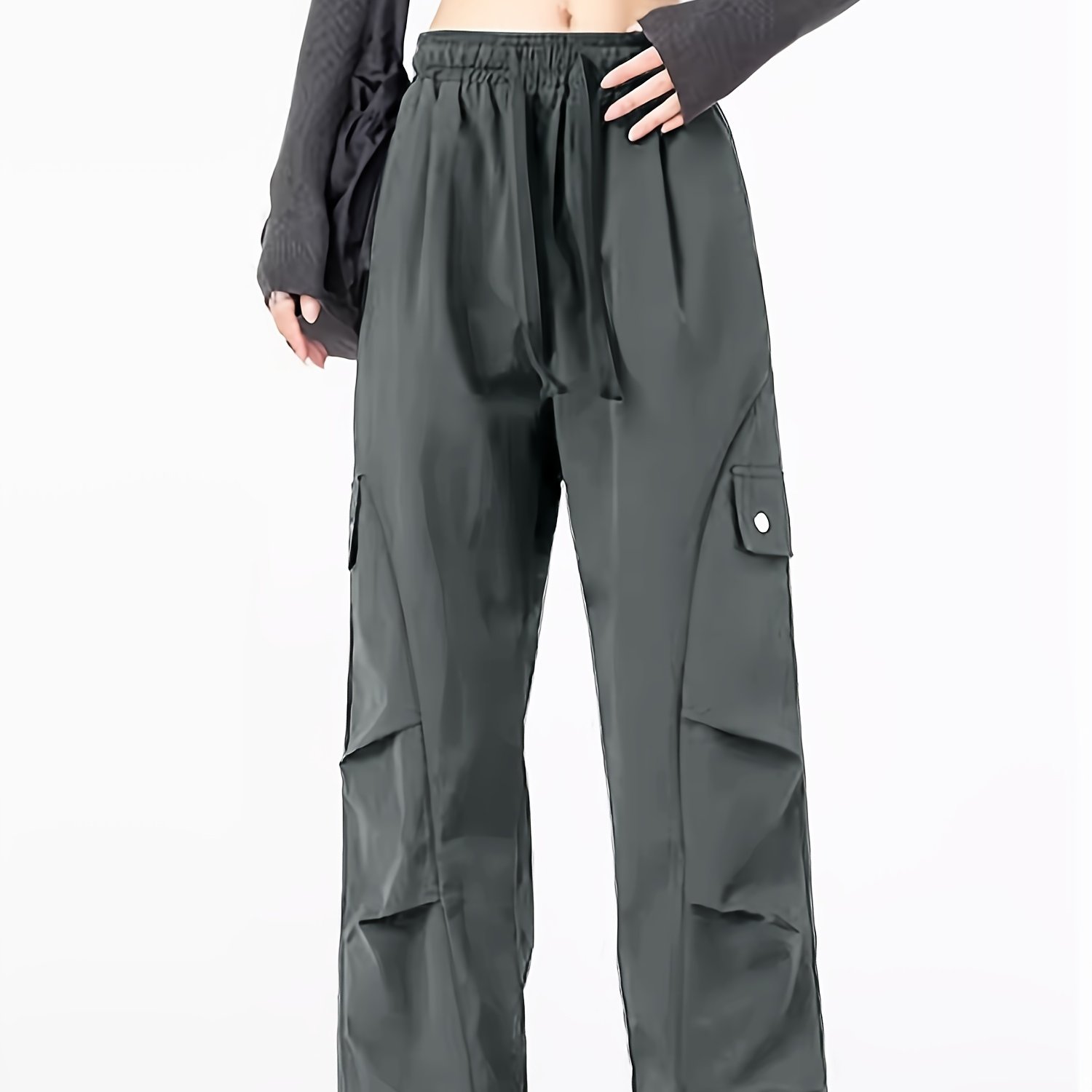 TEMU Women's Casual Cargo Pants With Drawstring Waist And Pockets - Loose-fit, Polyester Workwear