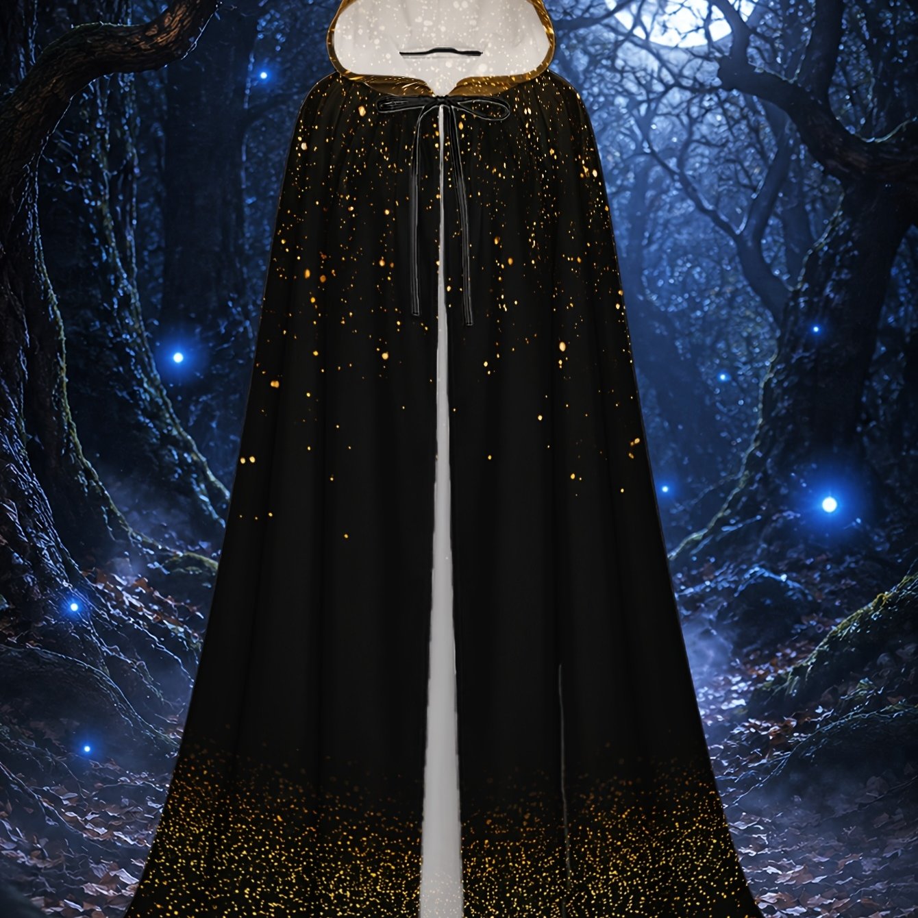 TEMU 1 stuk Capuchonmantel voor volwassenen met gouden glitters op zwarte elementen, polyester cape voor Halloween-, kerst- en winterkostuumfeesten,