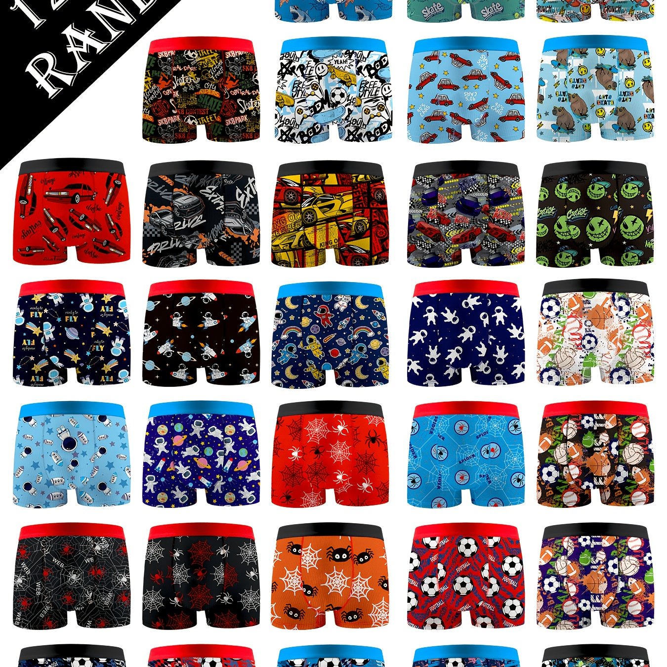 Image of 12pcs Random Assorted Boys' Boxer Briefs With Cartoon Car, Spider, Space Astronaut, Basketball, And Soccer Patterns For Students, Kids, And Babies