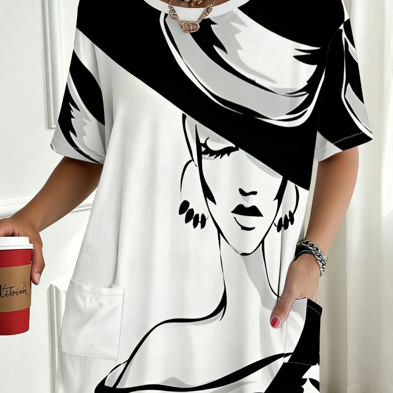 TEMU T-shirt oversize à manches courtes pour femmes avec un imprimé , doté d'une poche, idéal pour les quotidiens, les réunions décontractées, les