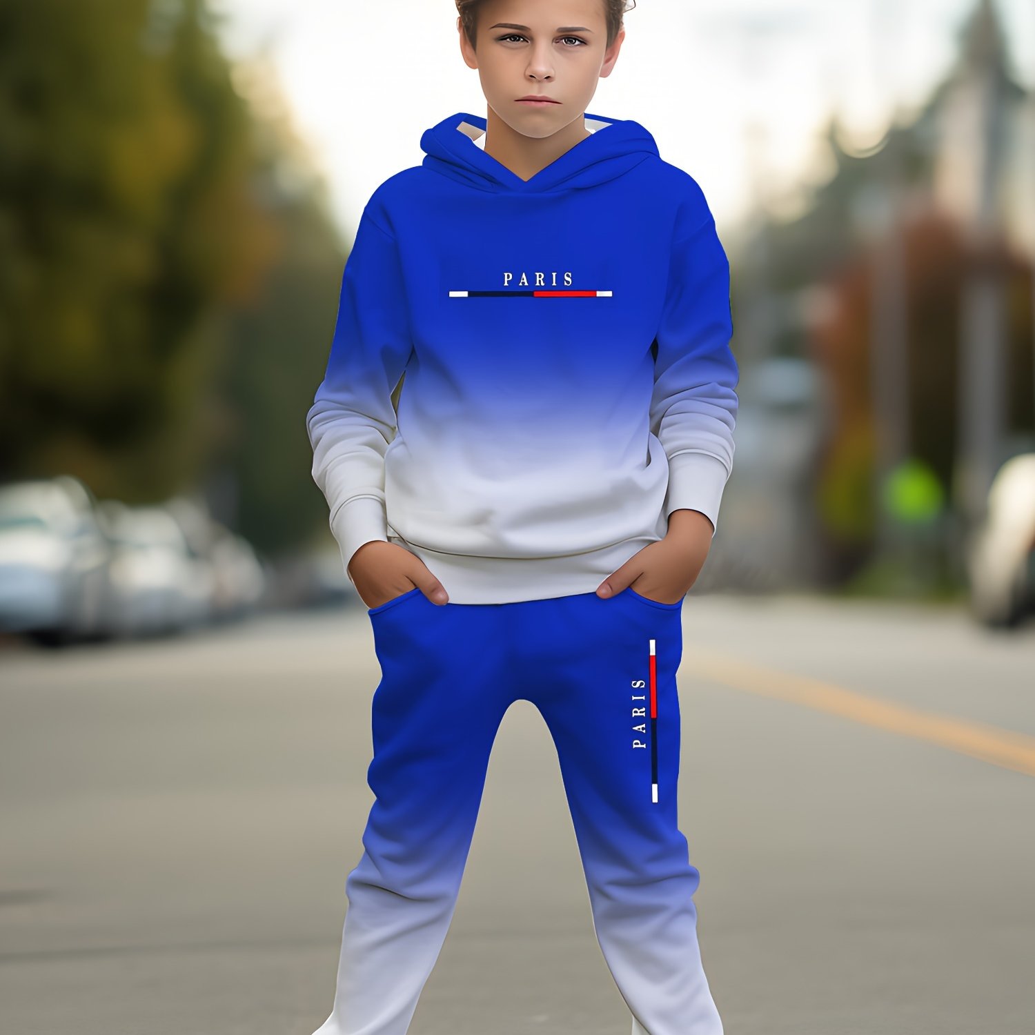 Boys' Printed Hooded Sweatshirt With Kangaroo Pocket And Long Pants, Cool Gradient Color Gift For Boys, Perfect For Outdoor