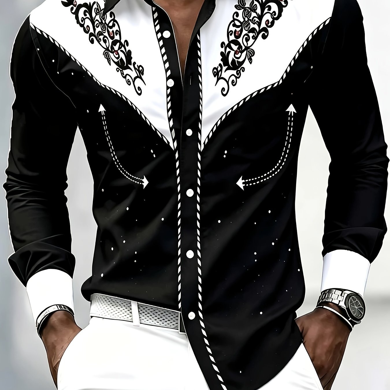 TEMU Camisa vaquera de larga estilo para hombre [Diseño estampado – No texturizado]