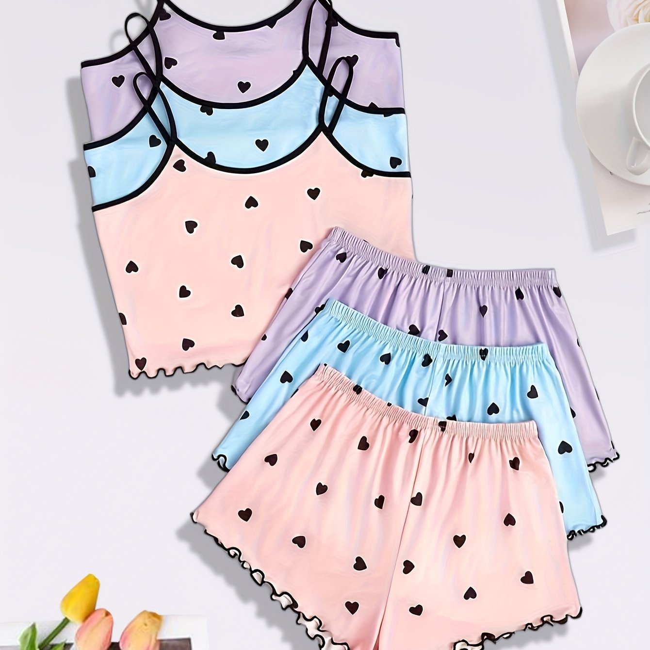 TEMU Three-piece Set Of Camisole Shorts Pajamas Women's Love Casual