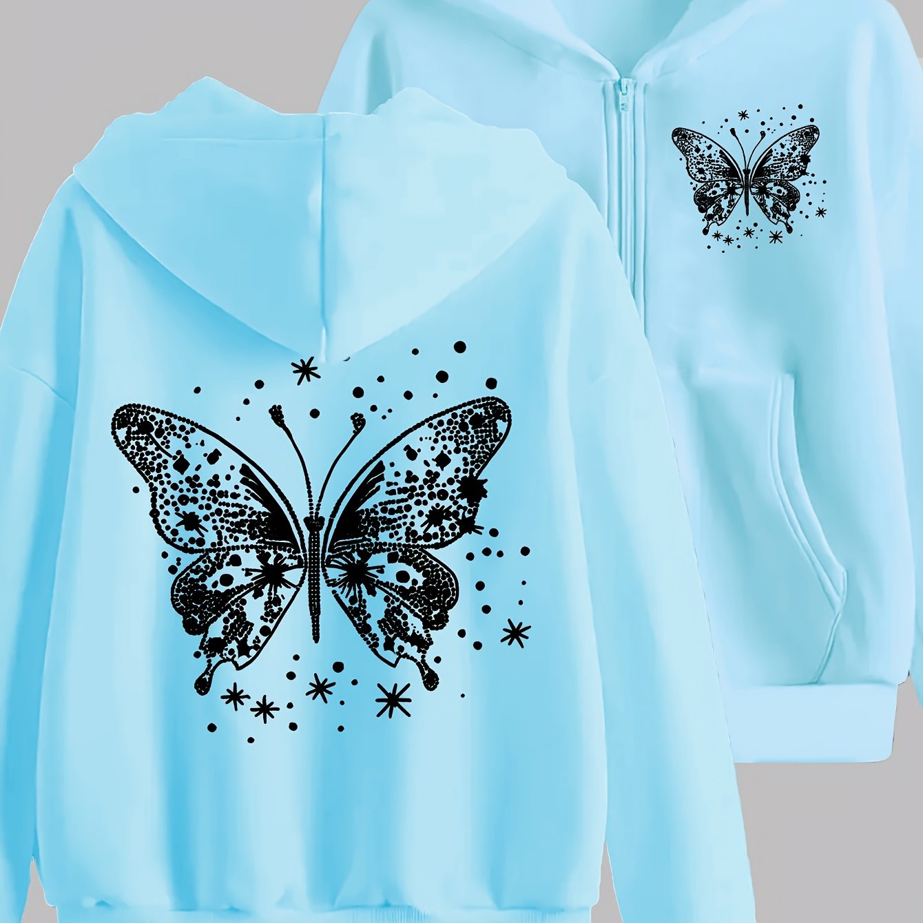 E-shop Künstlerischer Schmetterlingsdruck - Y2K Zip-Up Hoodie - Modische bequeme Zip-Jacke, geeignet für alle Jahreszeiten, Casual Sportswear, modische