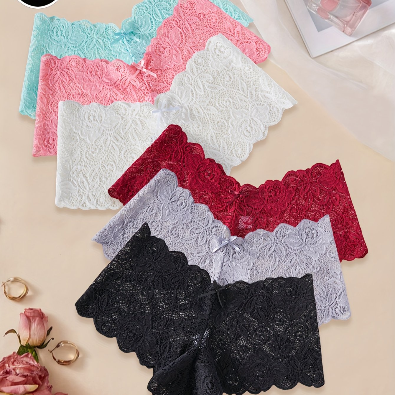 E-shop 6 Stück Blumen-Spitzen-Tangas, Atmungsaktive & Bequeme Scallop-Trim Slips, Damenwäsche & Unterwäsche