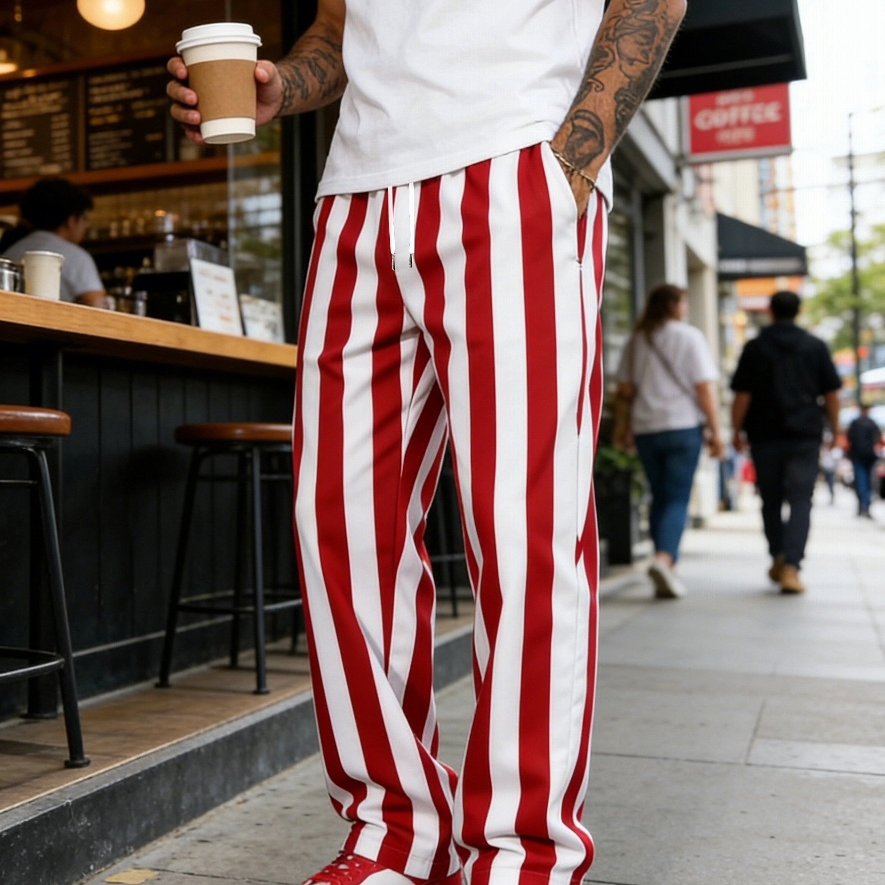 TEMU Pantaloni da qualit� con design stampato �� Pantaloni casual a righe rosse e bianche lunghezza, vestibilit� con cintura a coulisse, pantaloni non
