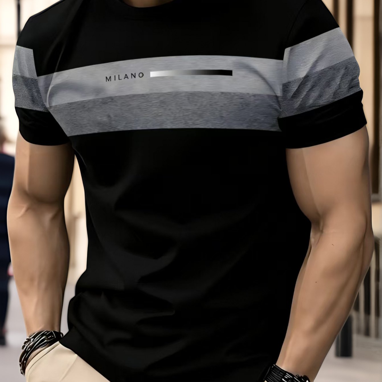 TEMU Men's Striped T-shirt - Italian Suitable For Daily Wear & Outdoor Activities, Round Neck Short Sleeve Top, Machine Washable Versatile Basic