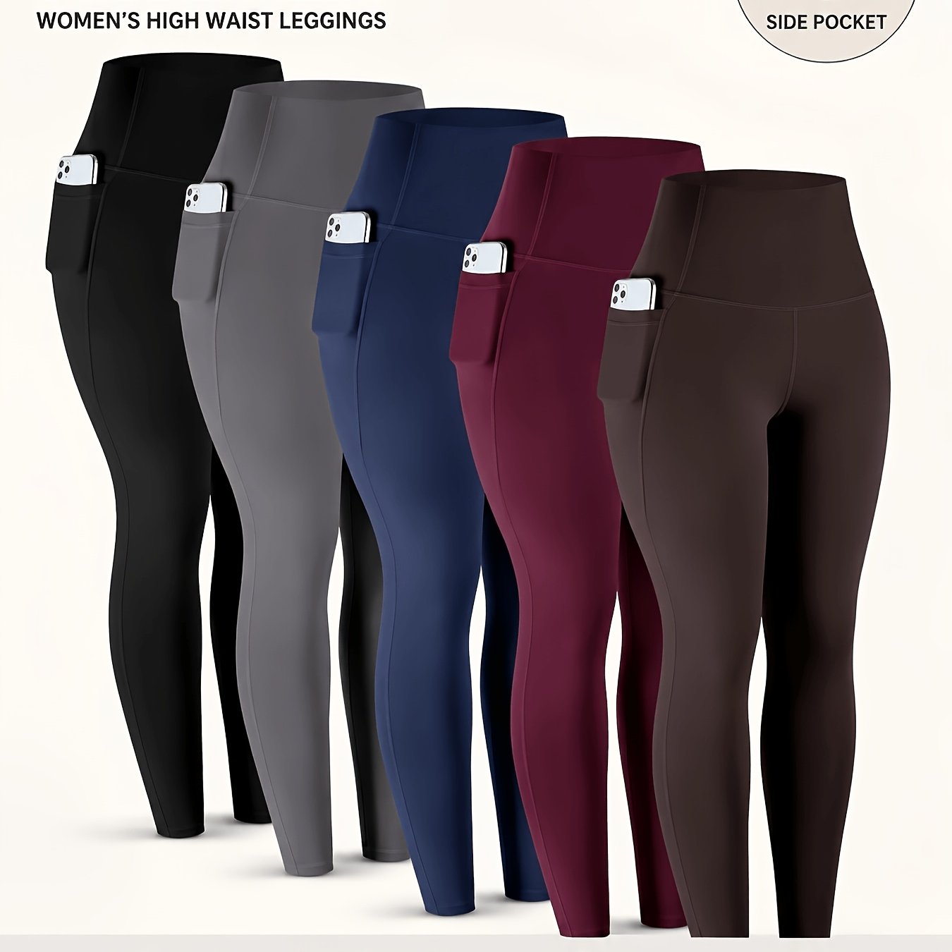 TEMU 5pcs Women's High Waist Workout Leggings, Full-length Yoga Pants With Side Phone Pockets, Lifting Athletic Pants, Casual Fitness Leggings For