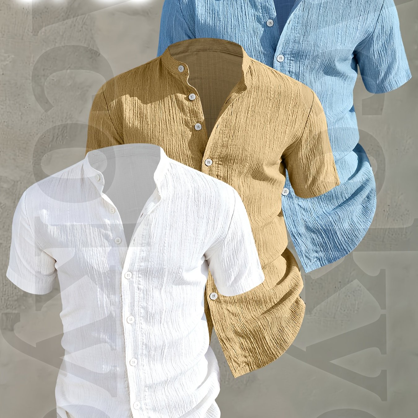 E-shop 3er Set - Herren Sommer Kurzarmhemd - Ein leichtes und atmungsaktives einfarbiges Button-Down Freizeitshirt mit Stehkragen-Design,