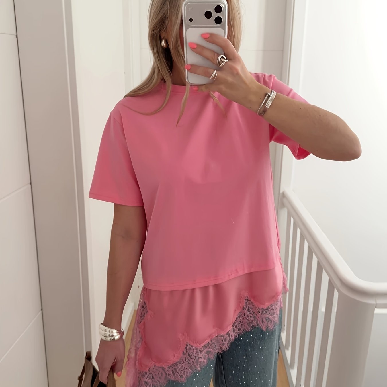 TEMU Women's Two-piece Short Sleeve T-shirt, Round Neck Irregular Lace Hem Layered Top, Casual Loose Fashion Solid Color Summer Blouse