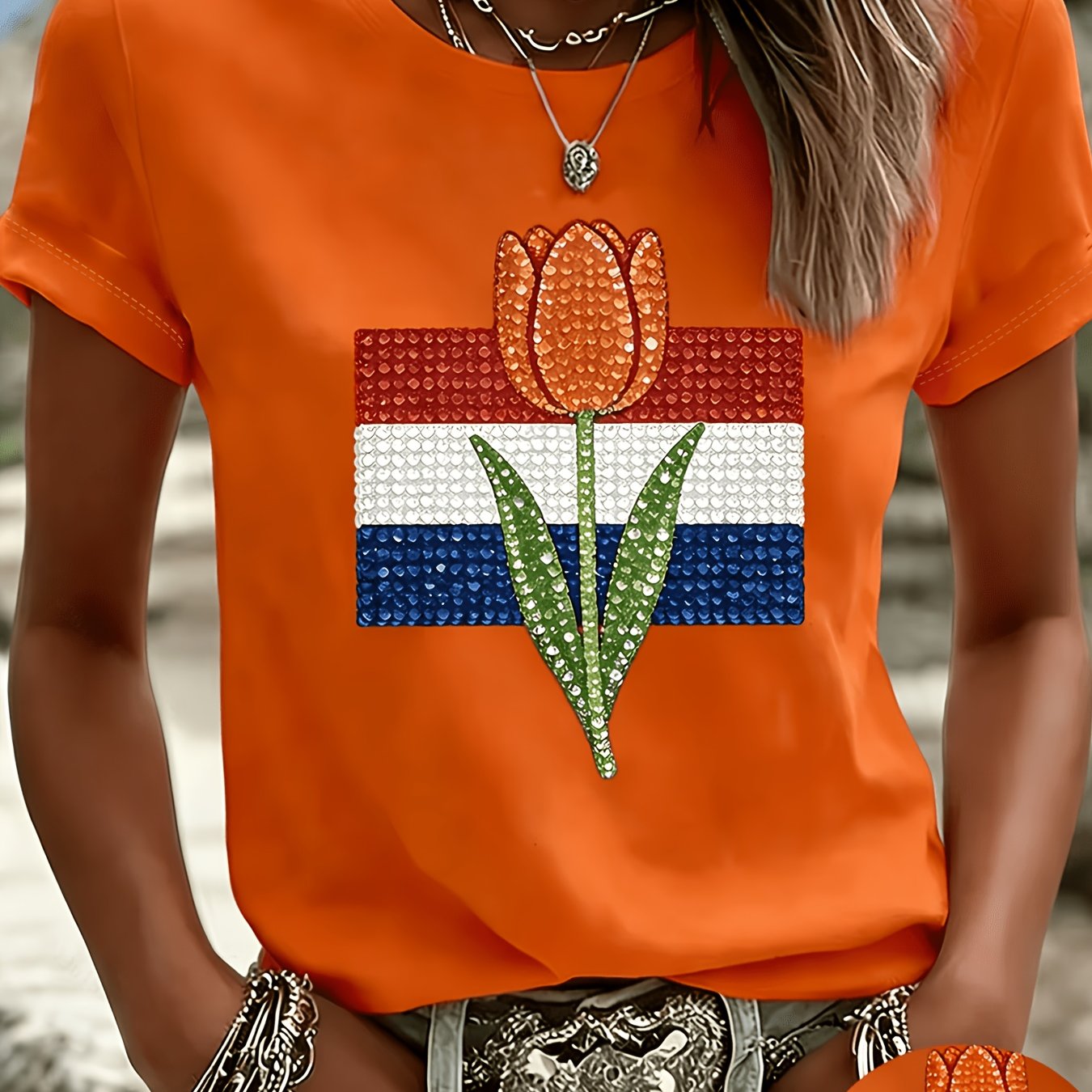 TEMU Dutch Tulip Flag Print Short-sleeve T-shirt, Casual Loose Fit, Soft Crew Neck, Holiday Fashionable And Versatile Summer Basic Top