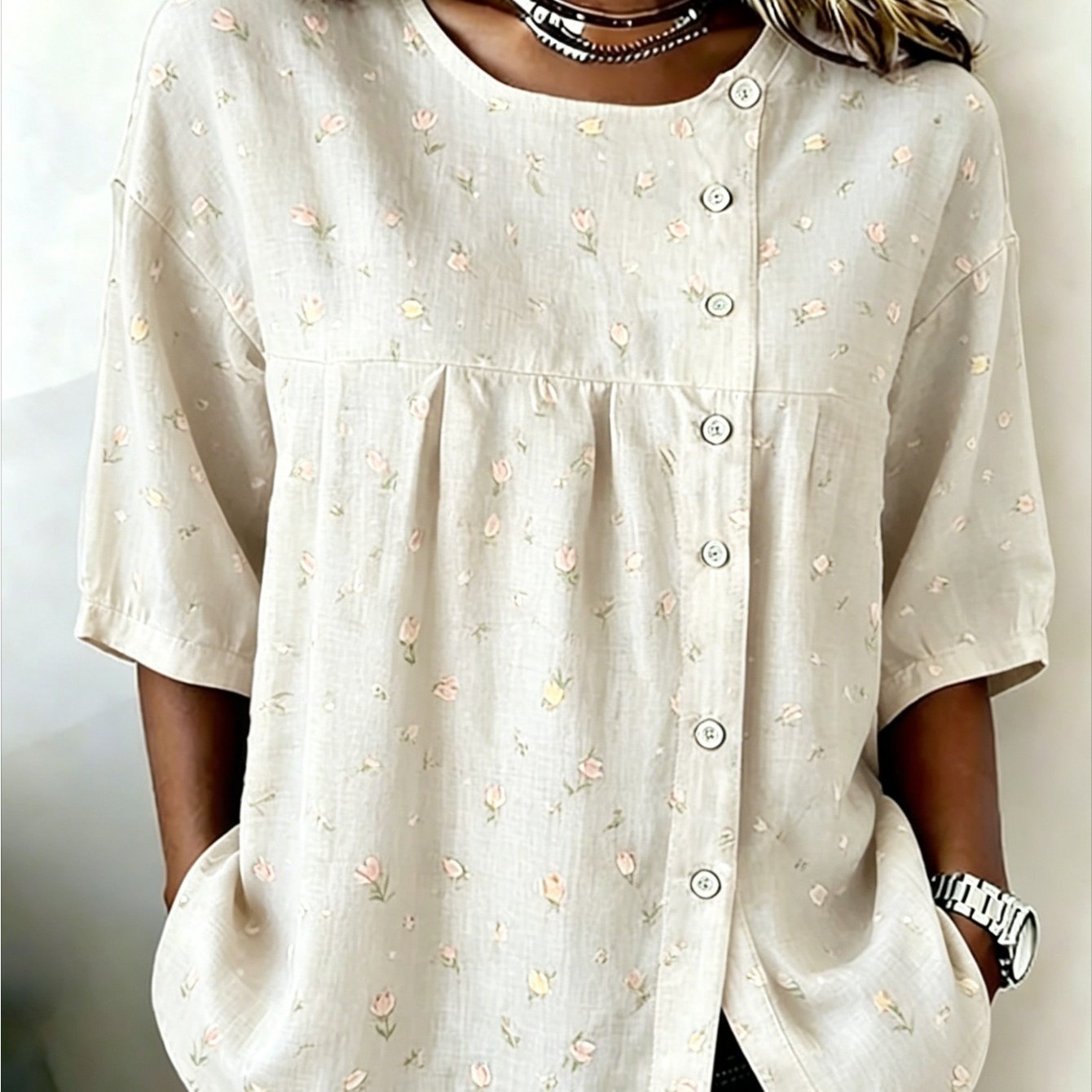 Image of Plus Size - Women's Rust Shirt, Easy And Style, Pattern Fabric Suitable For Casual To Semi-formal Wear In , Perfect Gift For Mother, Sister, Or Friend