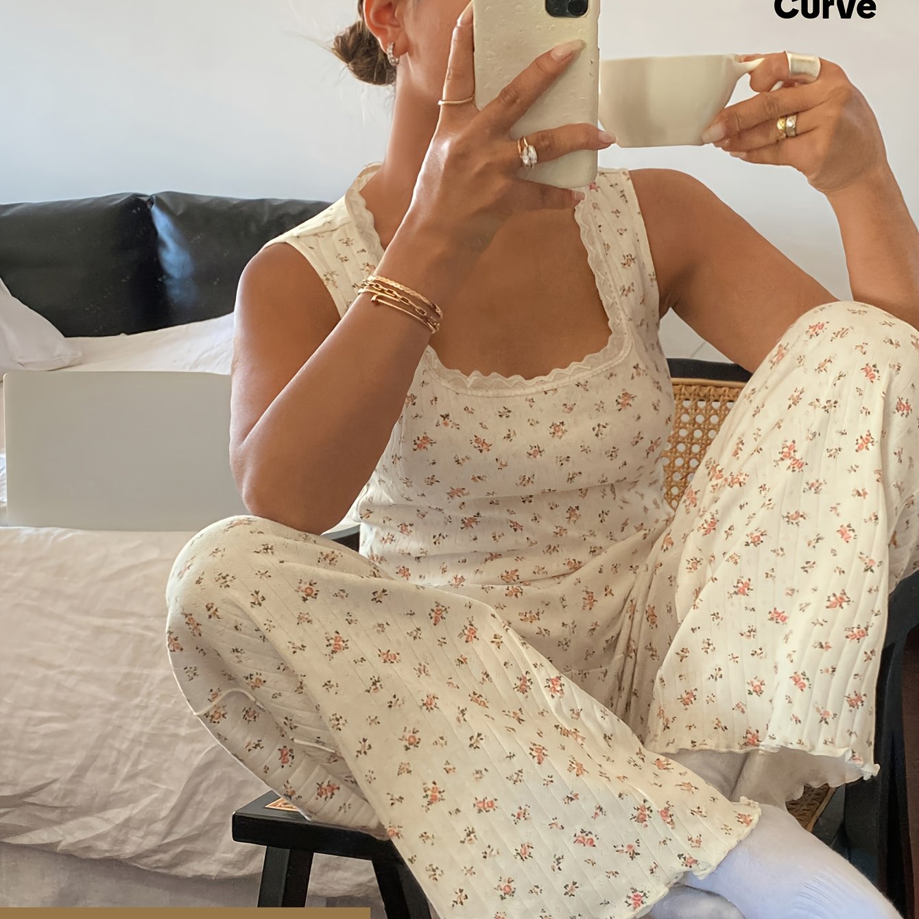 Image of 2pcs Plus Size Women's Spring/summer Style Summer Pajamas, Women's Country Style Small Floral Print Plus Size Sleeveless Top And Long Pants Pajama Set