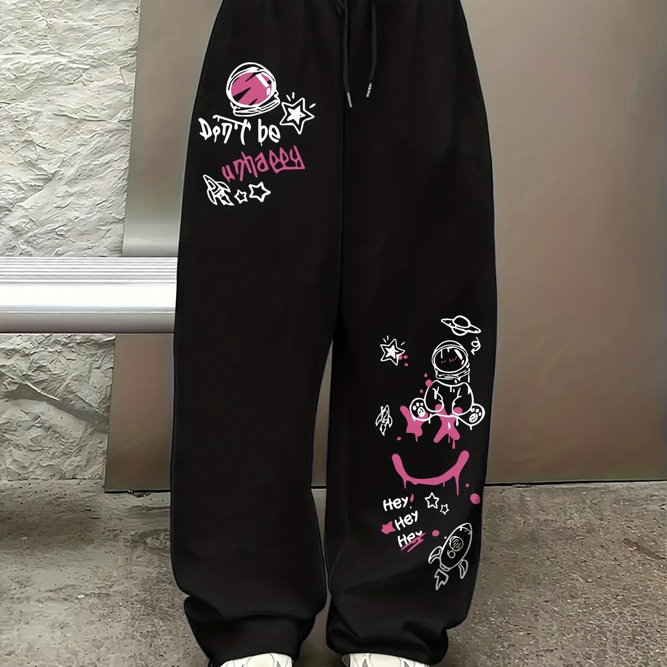 TEMU Fun Doodle Print Athletic Casual Jogger Pants, Drawstring Elastic Waist Women's Straight Leg Trousers