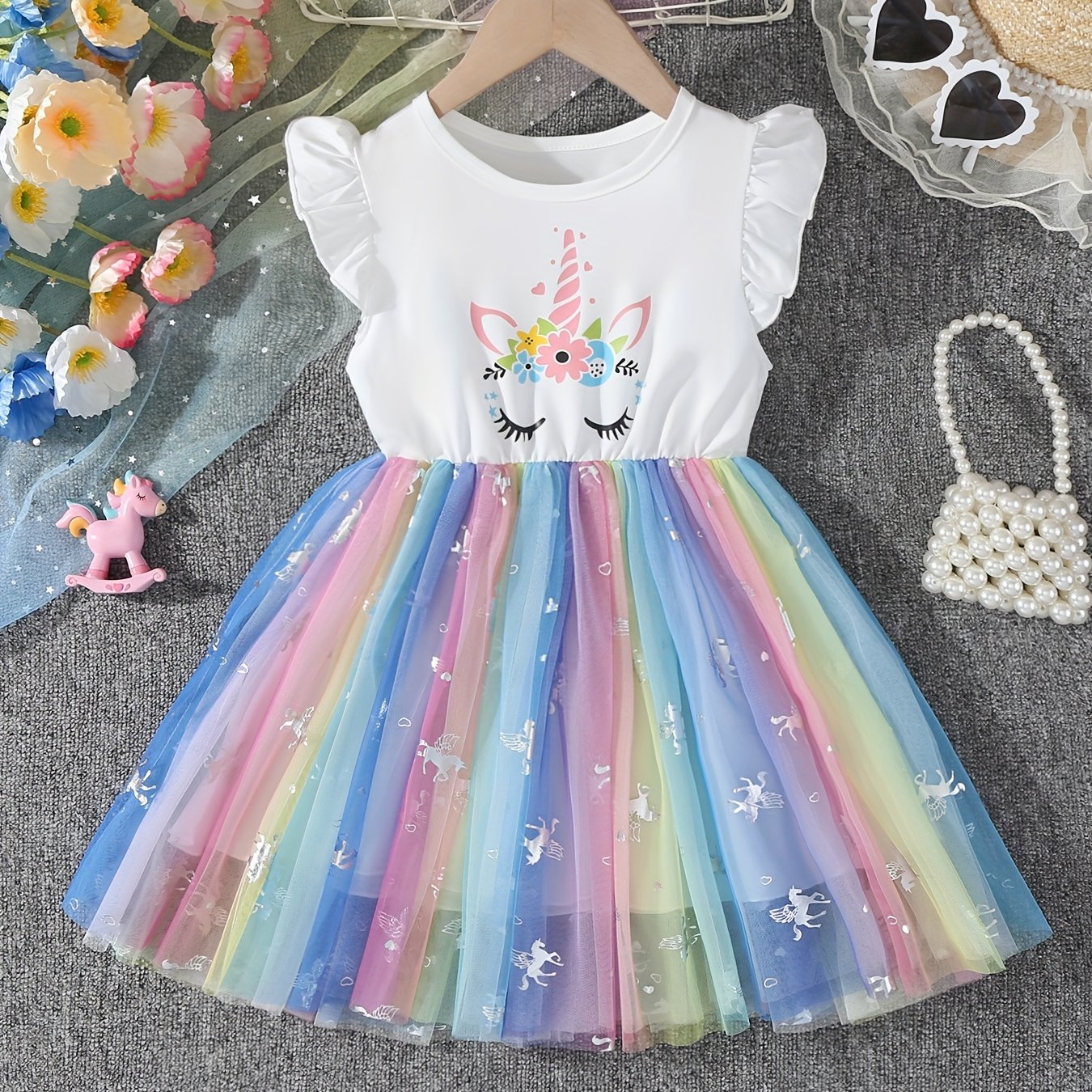 Image of Girls' Summer Puff Sleeve Dress, Casual Little Girl Floral Unicorn Rainbow Mesh Skirt