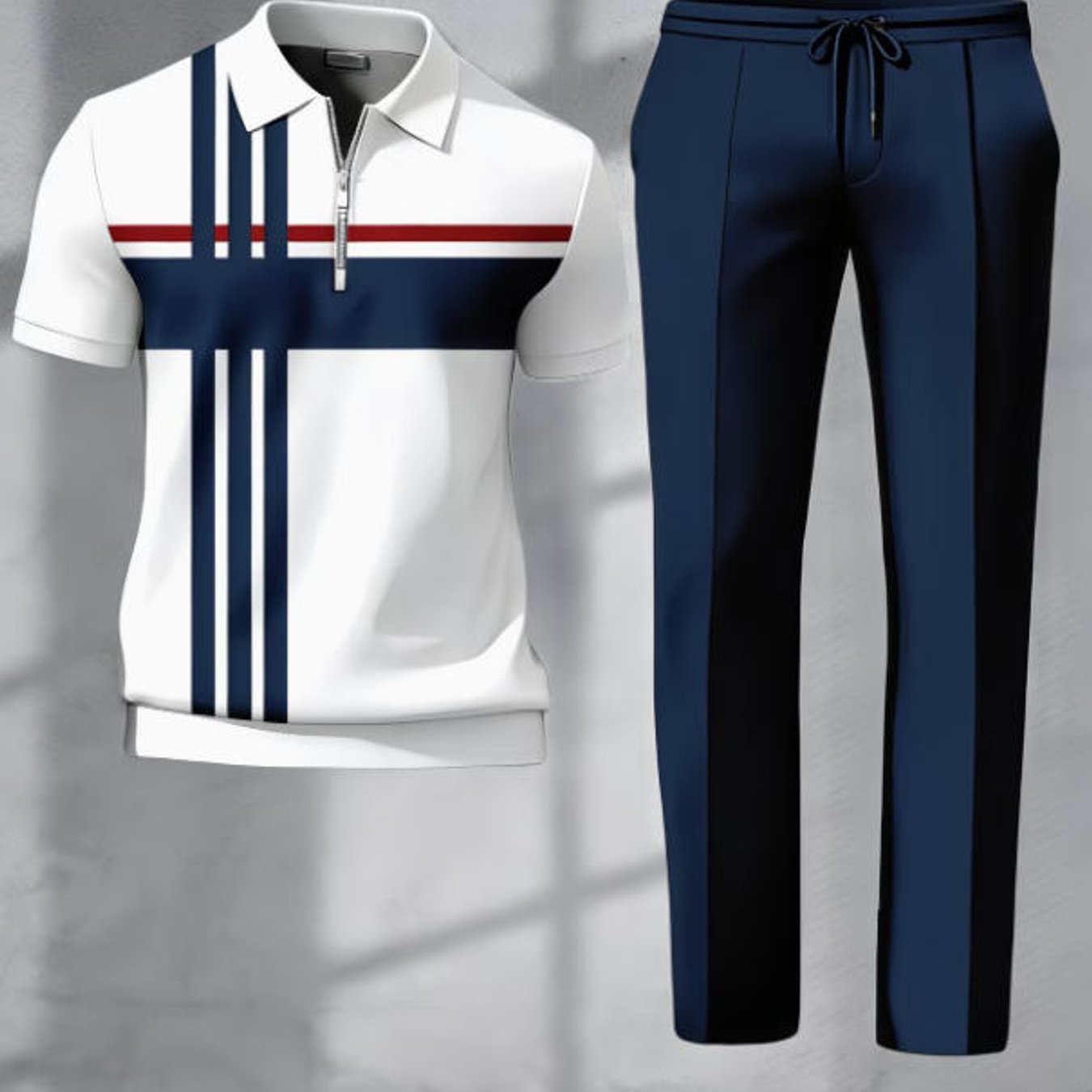 Image of Men's Fashion Casual Short Sleeve White Striped Pattern Zip Neck Top Drawstring Pants For Adults Men Fall Street Style Casual Wear Holiday Gift