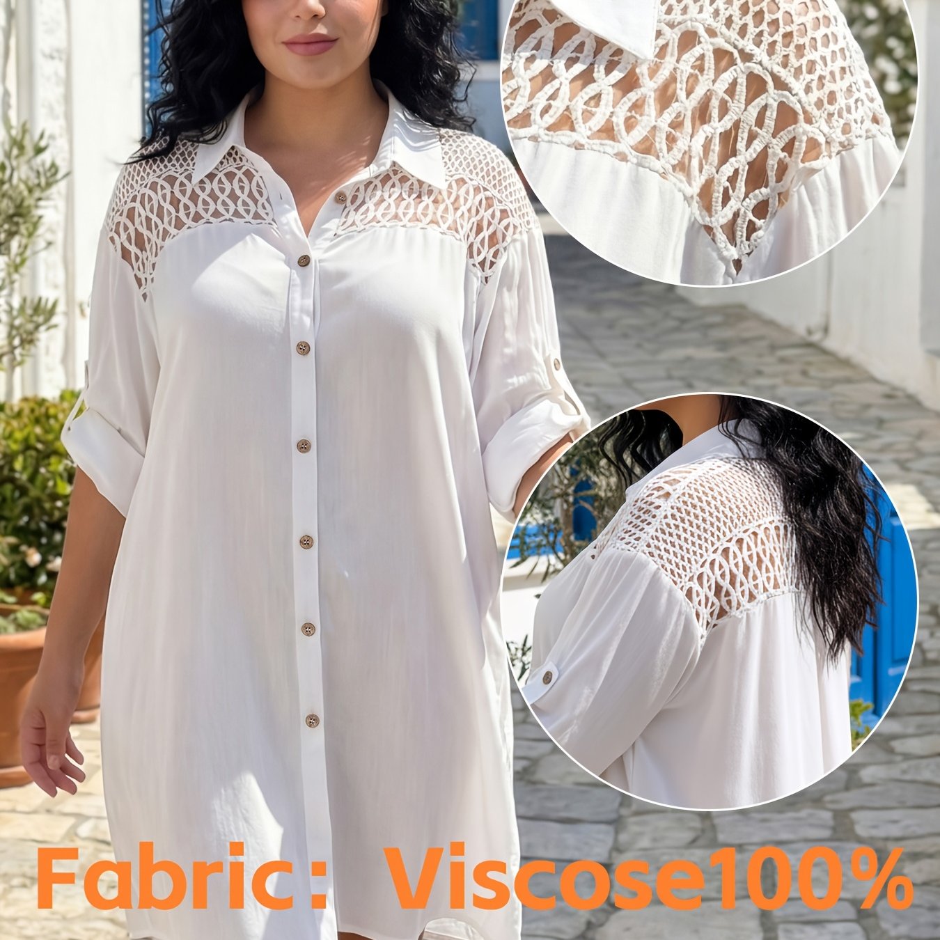 TEMU Plus Size - Women's Plus Size Tall Lace Splice Cardigan Cover Up, Breathable Rayon Shirt Dress, Summer Beach Vacation Casual Loose Outfit