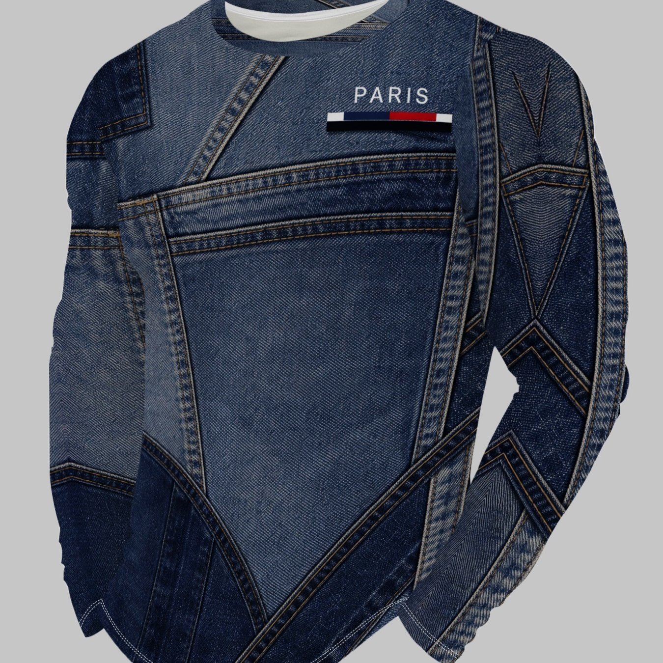 TEMU Men's Crew Neck Long Sleeve T-shirt, Fashionable Denim Geometric Pattern Print Top, Trendy Paris Letter Decoration Casual Base Layer Shirt, Plus