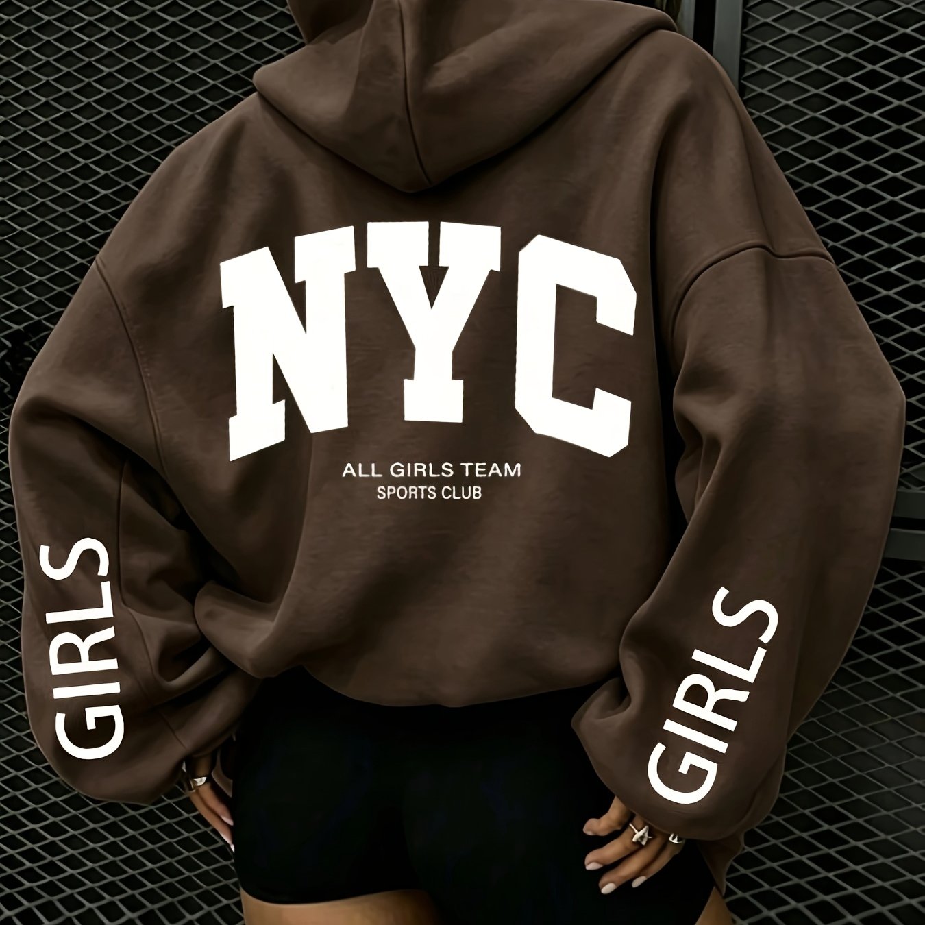 TEMU Plus Size Women's Autumn Winter New Nyc Letter Pattern Printed Long Sleeve With Pocket Sweatshirt; Suitable For Outfits, Beachwear, Vacation