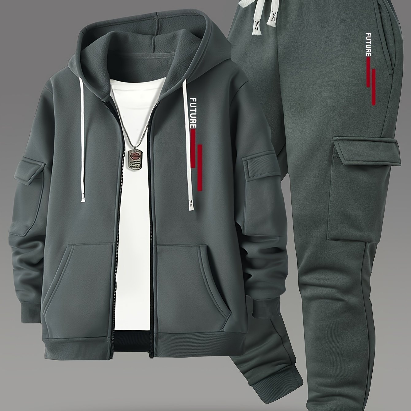 TEMU Fashion Zip-up Hoodie And Loose-fit Cargo Pants With Multiple Pockets, Casual Daily Comfortable Versatile Breathable Drawstring Zip-up Hooded