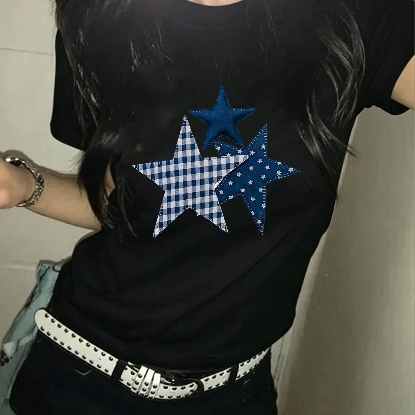 TEMU 체크무늬 오각별 프린트 반팔 티셔츠, 남녀공용 캐주얼 루즈핏 상의