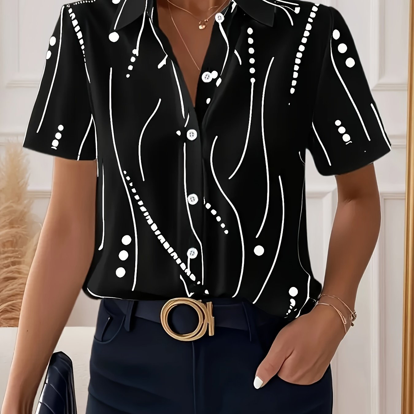 TEMU Elegant Women's Summer Striped Polka Dot Print Short Sleeve Shirt