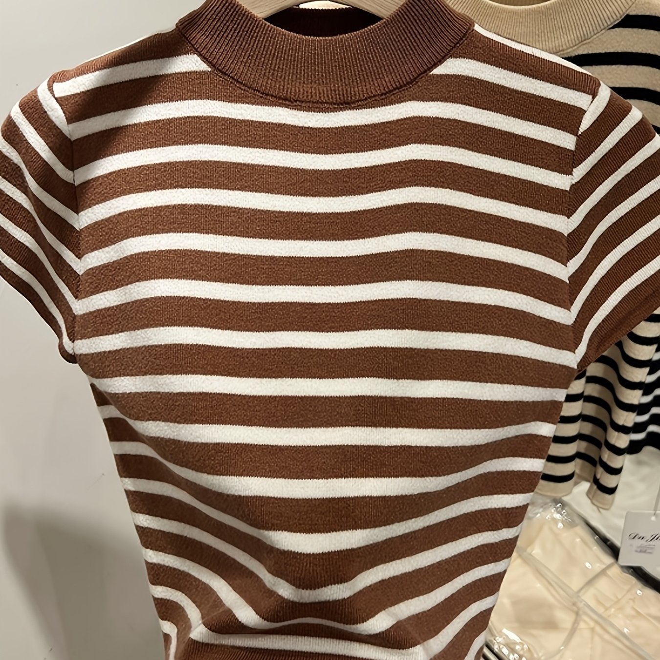 TEMU Minimalist Fashion Women's Slim Fit Half-turtleneck Striped T-shirt Casual Top - Striped Short Sleeve Summer Shirt, Breathable Top, Suitable For