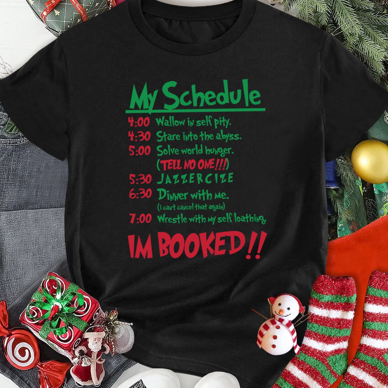 TEMU Women's Christmas My Schedule Humorous Holiday T Shirt Black Casual Round Neck Tee With Festive Text Design Stretchy Fabric For Autumn Machine