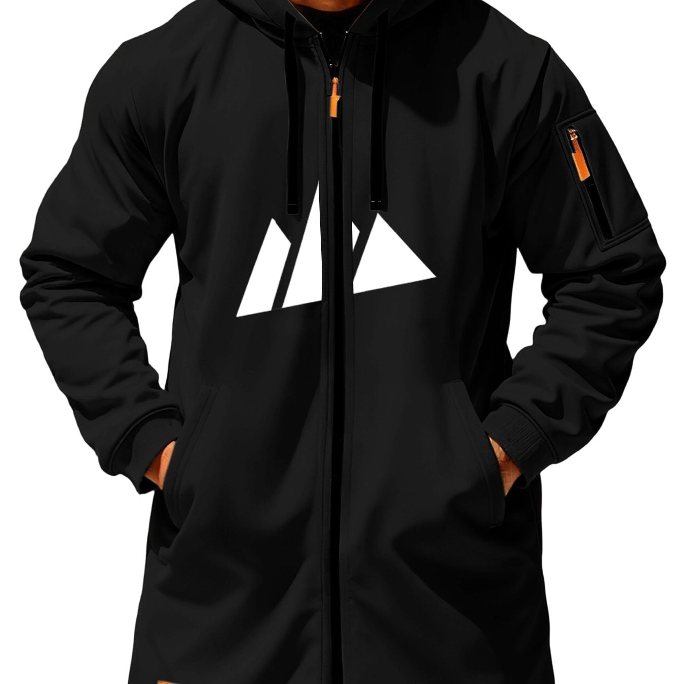 TEMU Men's Hooded Long Trench With Geometric Printed Side-sewn Zipper Pocket  Label Drawstring Hooded Loose Cut