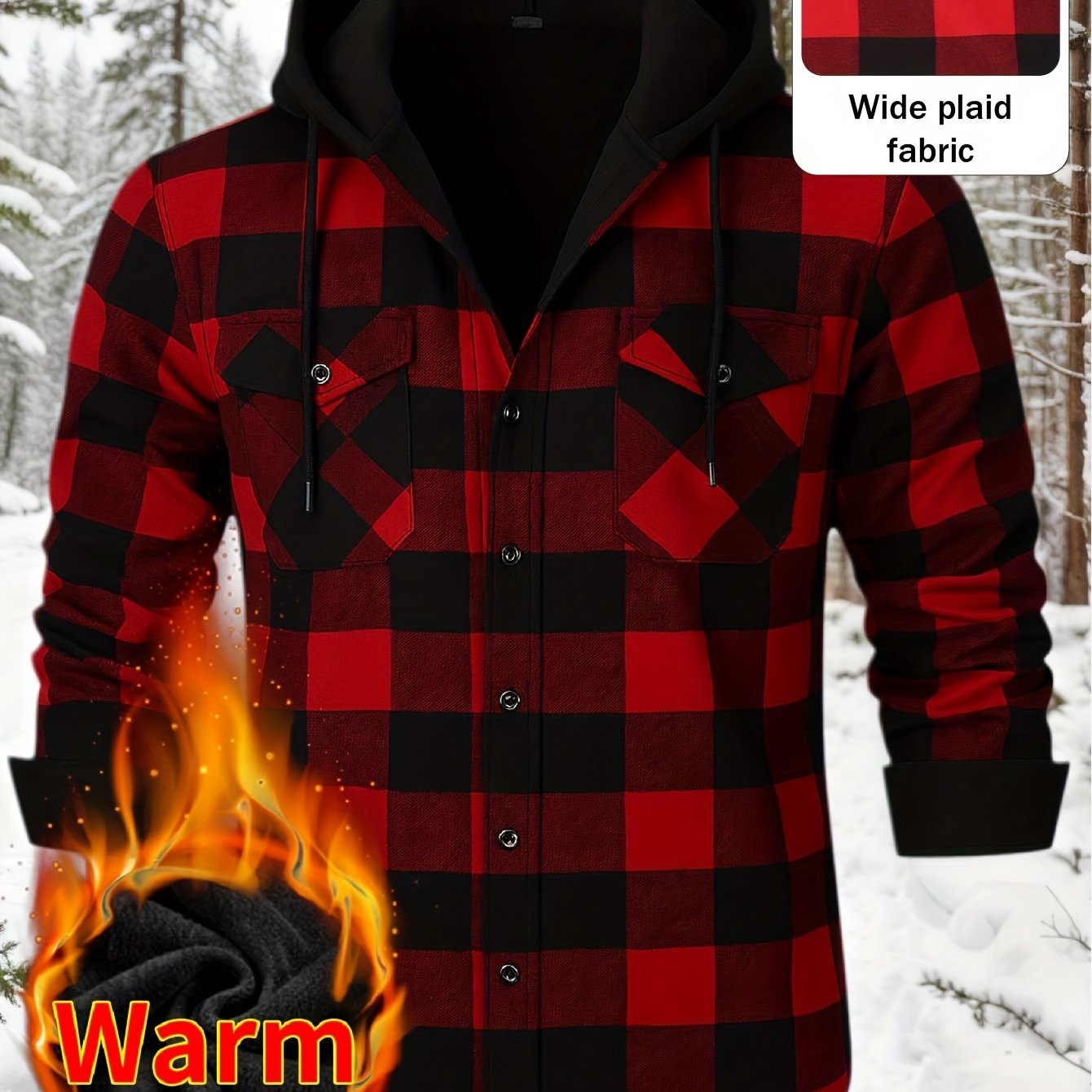 TEMU 2025 Men's Warm Hooded Work Shirt - Fleece-lined Durable Outdoor Shirt | Comfortable Layering Piece For Fall And Winter | From Countryside To