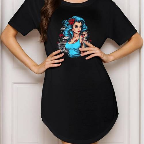 pinup pin up vintage retro tee dress short sleeve crew neck casual dress for summer and spring womens clothing