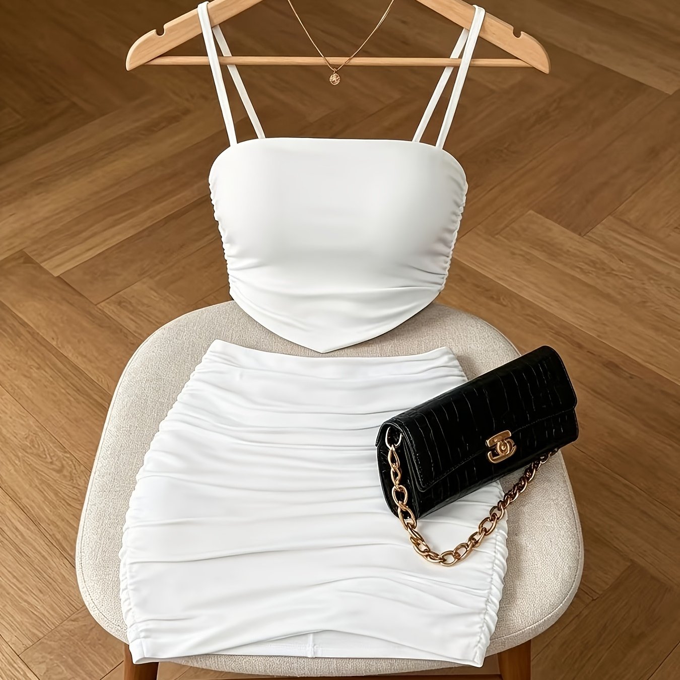 TEMU An Elegant Off-shoulder Halter Neck Vest With Polyester Stretch Fabric Skirt Set, Suitable For Including Spring, Summer, Autumn, And Winter