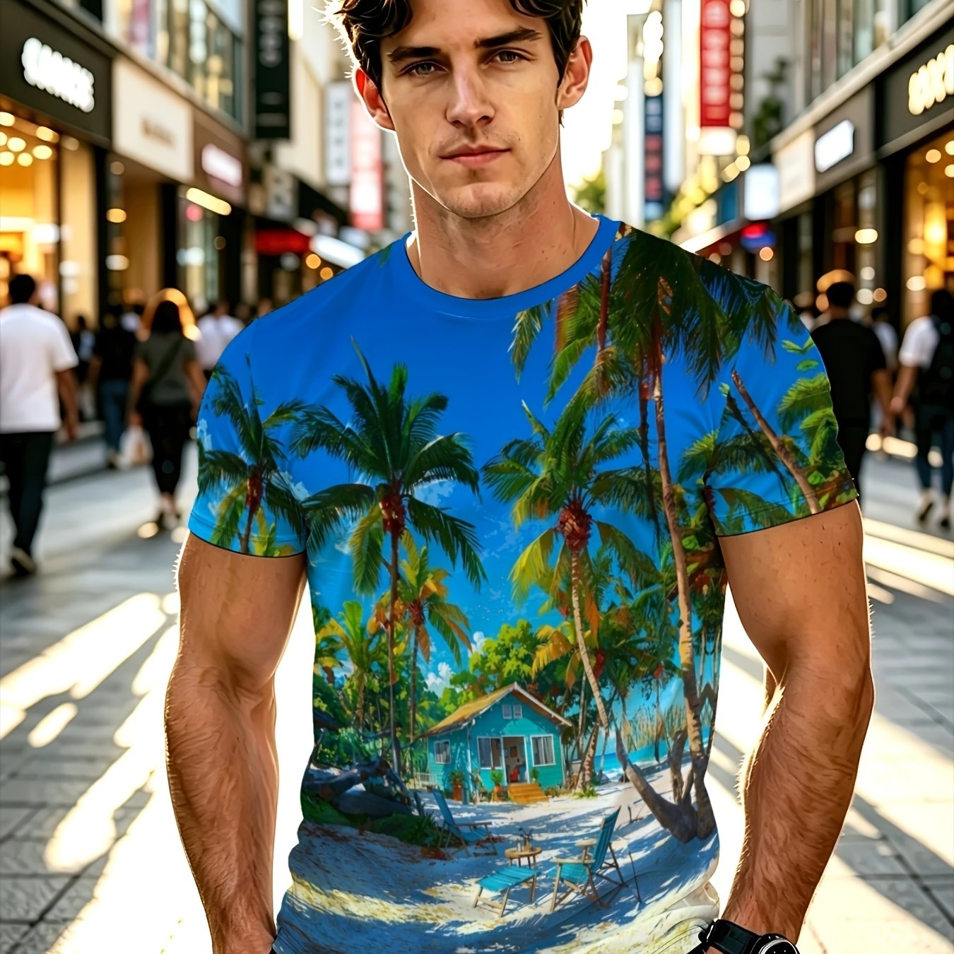 TEMU [printeddesign-nottextured] Men's Casual T-shirt With Tropical Beach Print, In Options, Suitable For Outdoor Activities, Ideal For Vacations,