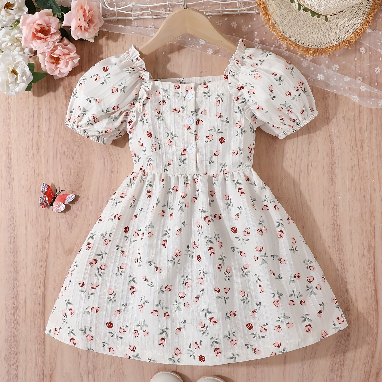 Image of Girl's Floral Print Dress, Design, Square Neckline, Short Sleeves, Gentle Style, Dress
