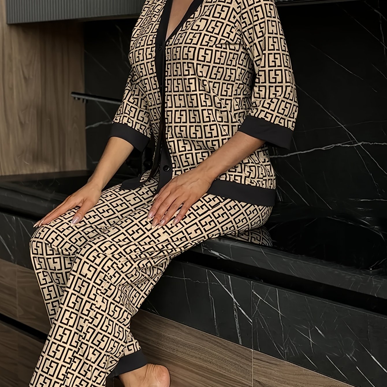 TEMU 2pcs Print Contrast Piping Pajama Set In Vintage Style, Four-season Clothing, Satin Collar Long-pants And Three-quarter Sleeve Pajama Set