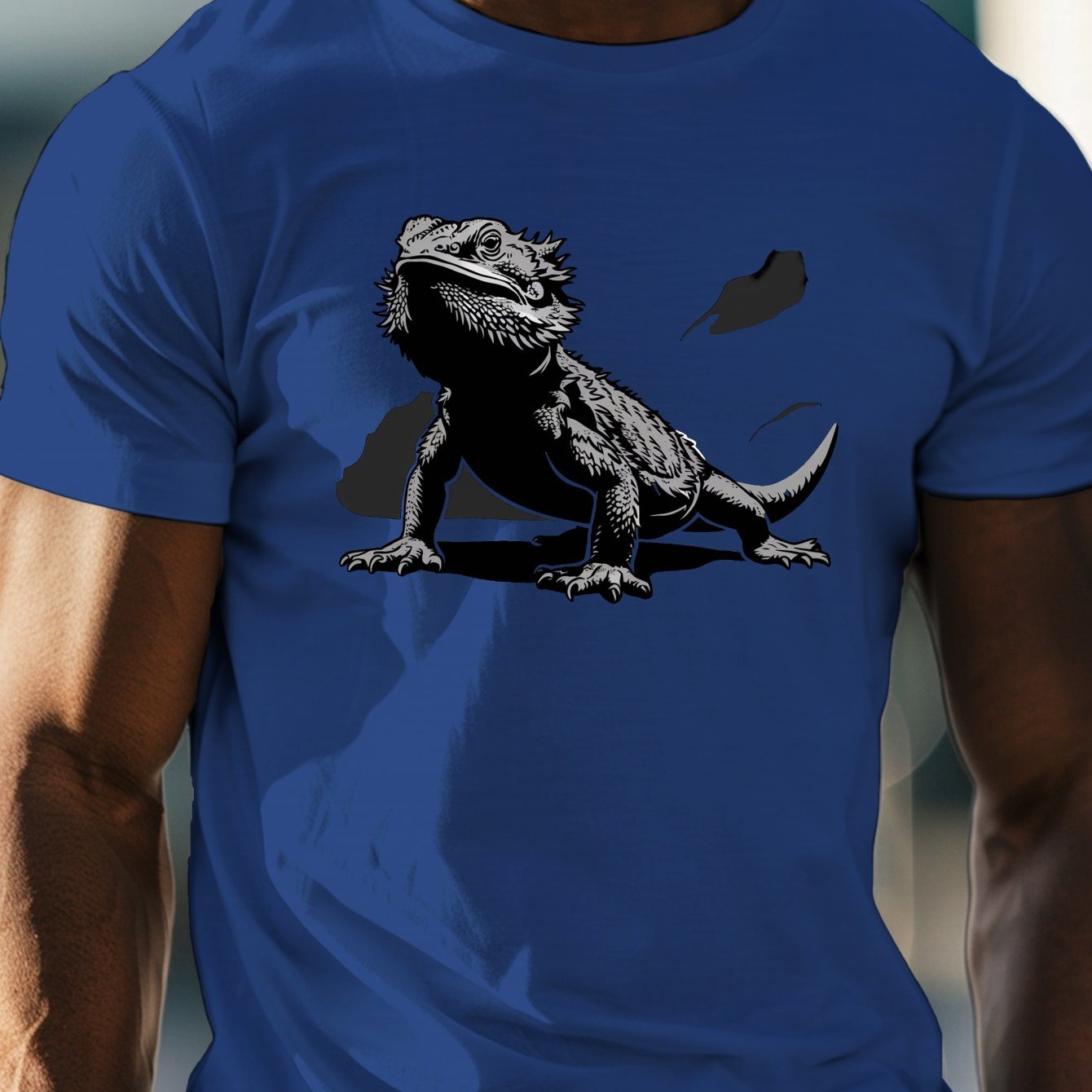 TEMU Men's Bearded Dragon Silhouette T-shirt, Casual Crew Neck Short Sleeve Tee, 100% Polyester Knit Fabric, Stretch, Summer Lightweight Top,