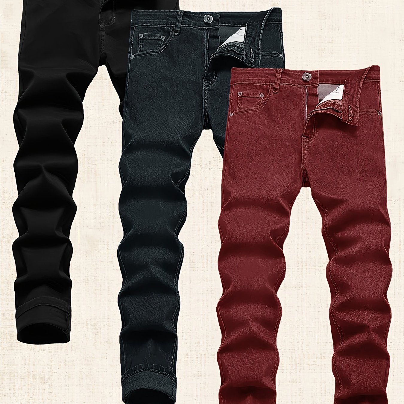TEMU 3 Pack Men's Slim Fit Denim Jeans - Stretch , Trendy Streetwear Style, Fashion Casual Trousers