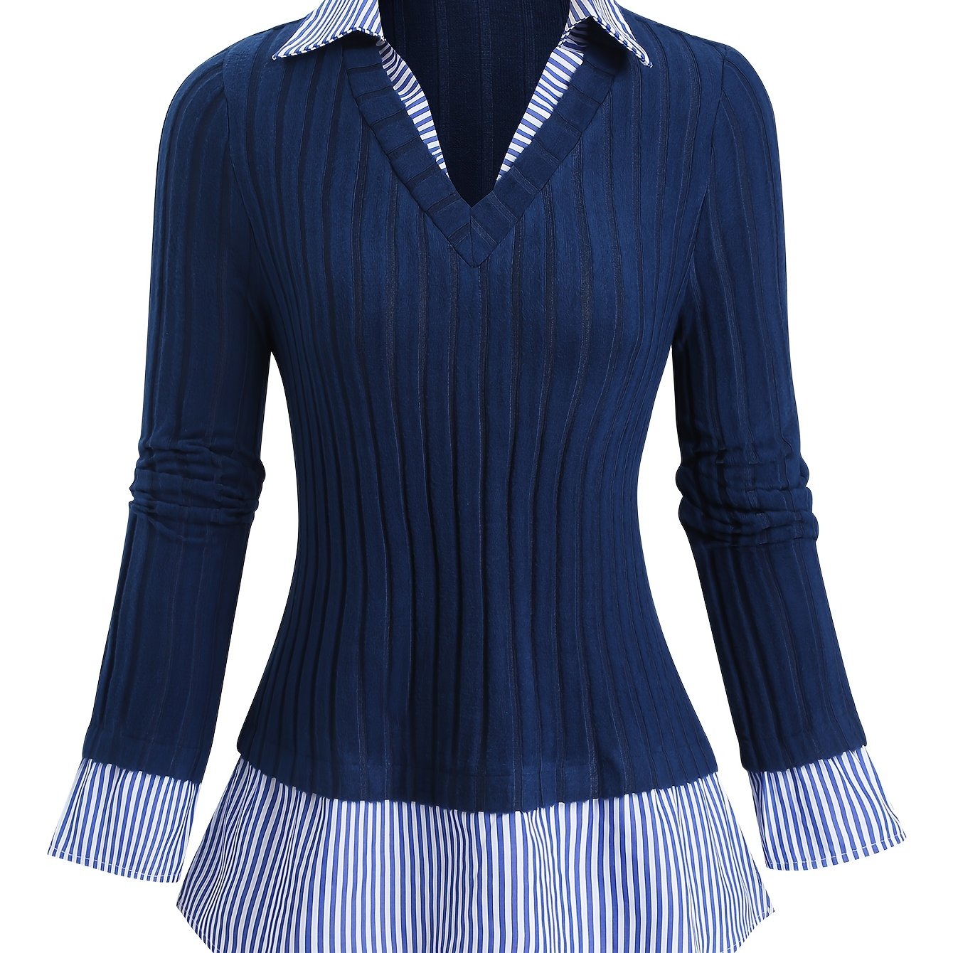 Image of Women's Autumn Winter Striped Color Block Long Sleeve Shirt V-neck Loose Casual Fashion Versatile Top