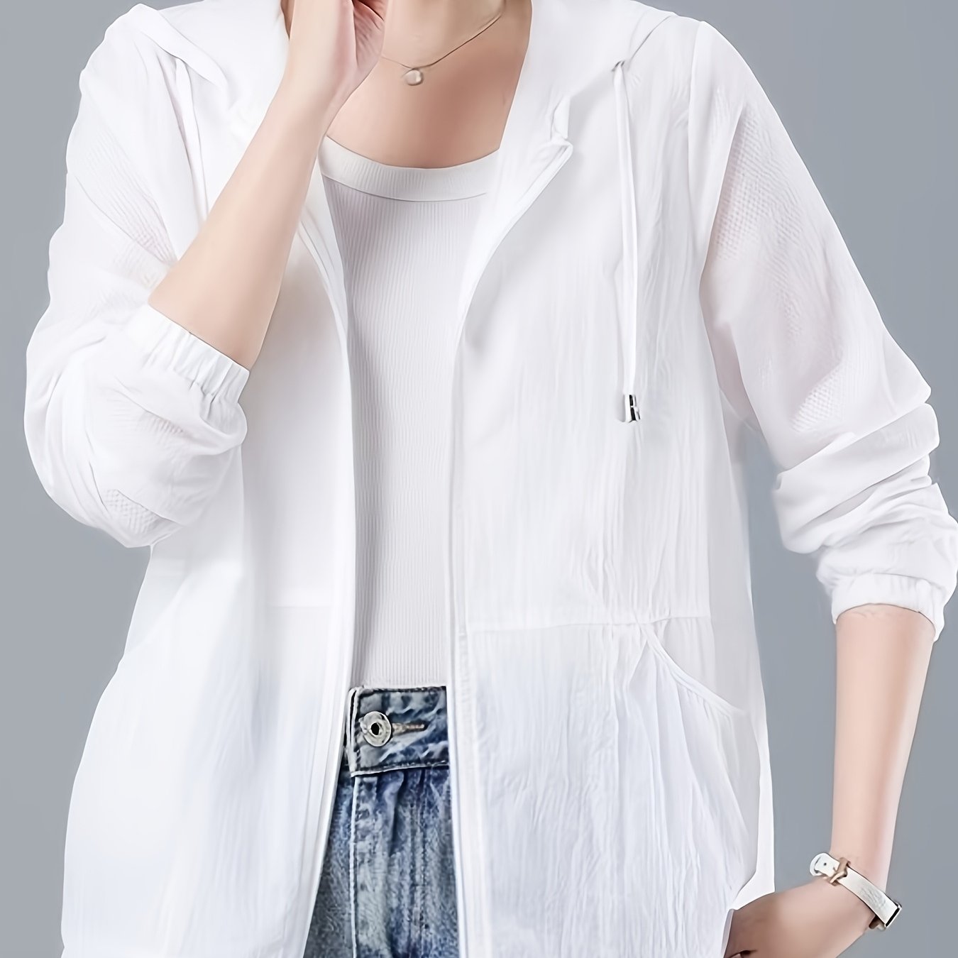 TEMU 여름 아이스 섬유 원단 쿨링 탑 여성용 경량 통기성 루즈핏 올매치 아웃도어 탑, 루즈핏 여름 경량 통기성 화이트 후드 재킷, 출퇴근 캐주얼 올매치 탑 여성용 얇은 후드 재킷