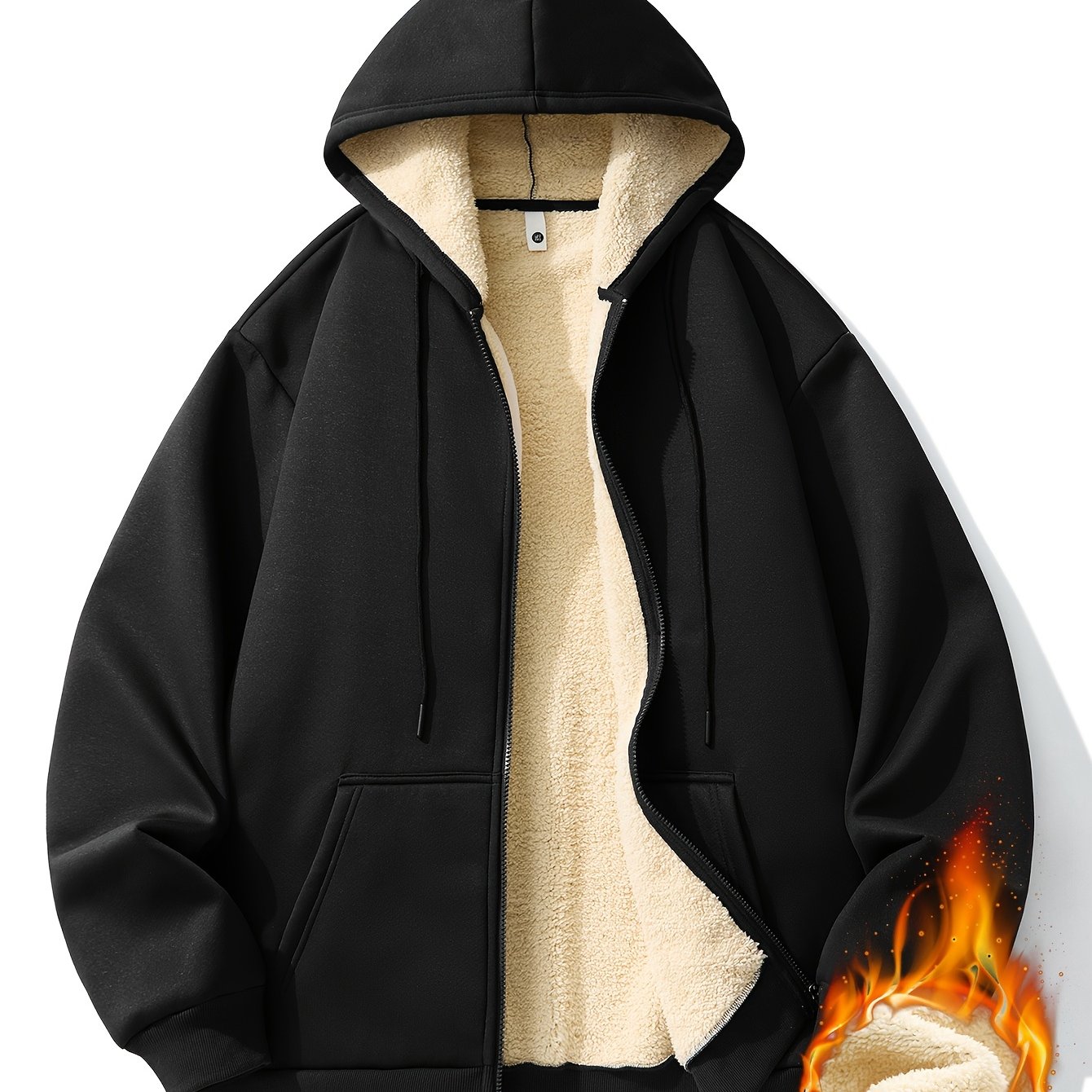 Image of Plus Size Men's Sweatshirt, Fall Winter Open Cardigan Hooded Jacket For Men, Fleece Lined, Large Pockets, Outdoor Casual Athletic Warm Fleece Long Sleeve Sweatshirt, Comfortable And Versatile