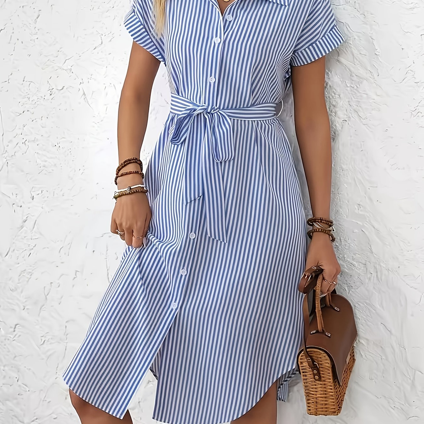 TEMU Summer Short Sleeve Striped Shirt Dress Casual Button Belted Asymmetrical Hem Dresses For Women Daily Vacation