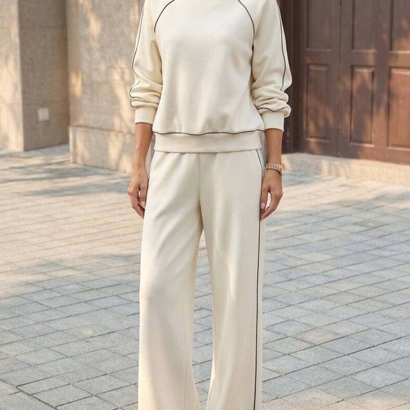 TEMU 2pcs Set: Beige Topstitched High-neck Sweatshirt + Wide-leg Pants | Women's | Sophisticated, Effortlessly Chic , Perfect For Light Commuting,