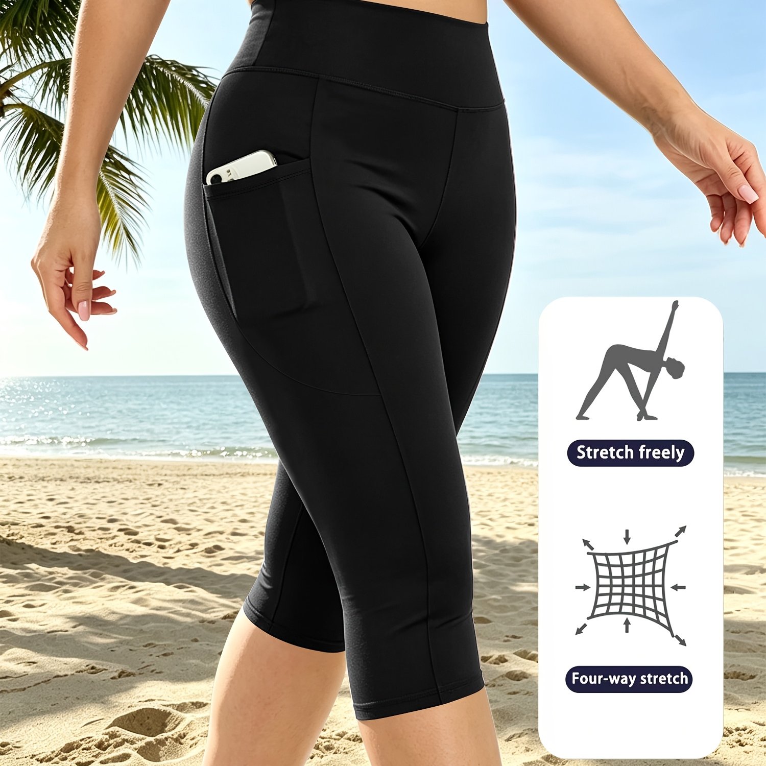 TEMU Plus Size High-waist Crescent Pocket Capri Pants - Leggings - Women's High-waist Tight Pants With Pocket - Tummy Control Pants