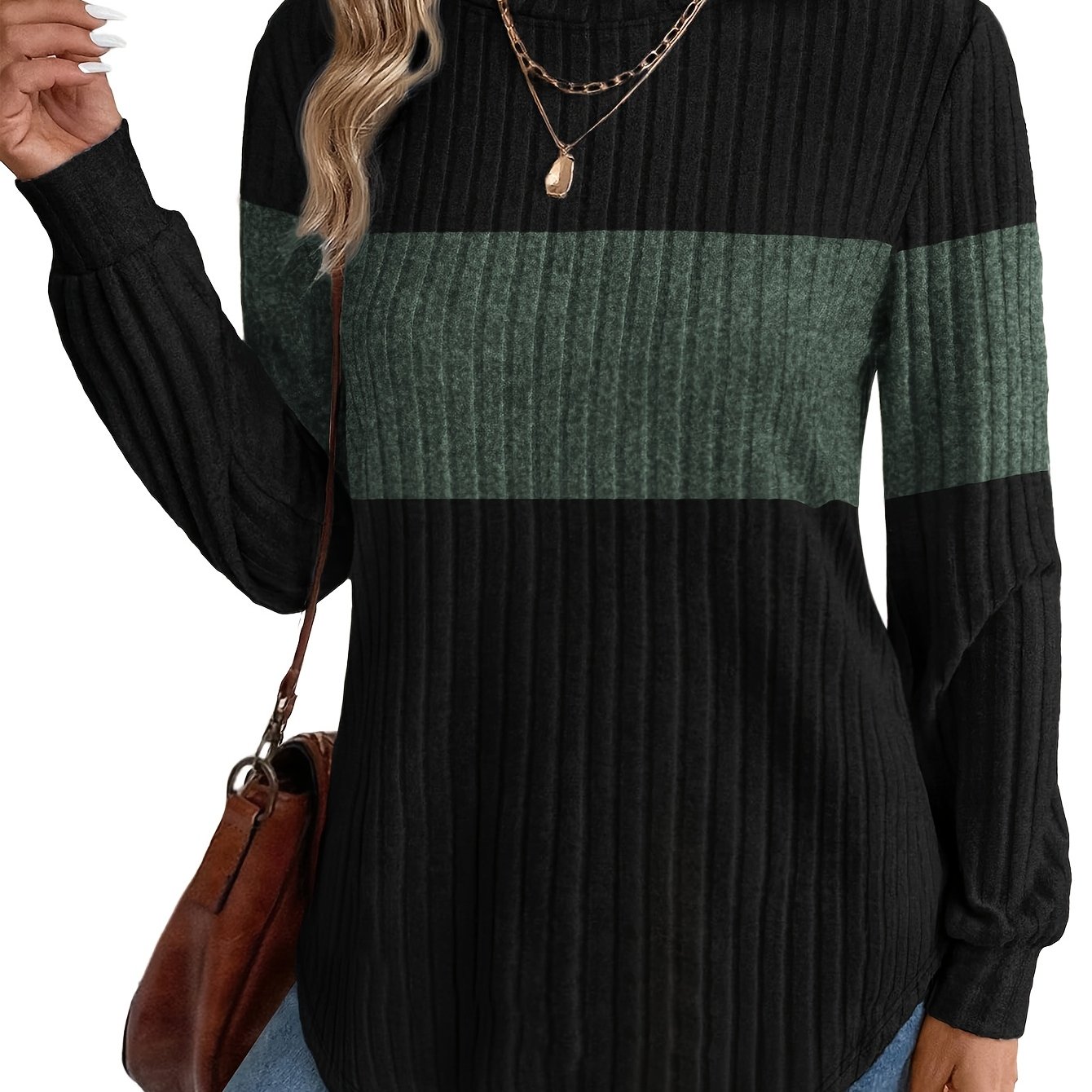 TEMU Women's Comfortable Top, Elegant Casual Color-block Basic Fashion Loose Round Neck Long Sleeve Pullover Sweater