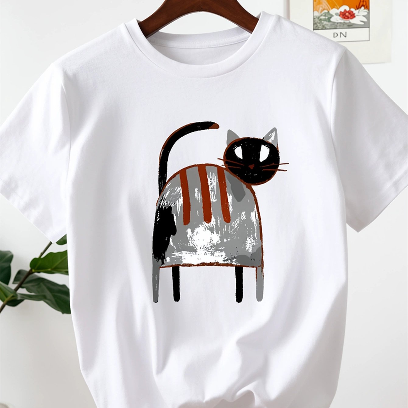 Image of Women's 100% Short Sleeve T-shirt, Abstract Hand-drawn Cat Illustration Print, -friendly And Breathable, Loose Version, Daily Casual Outing Multi-scene , Style Versatile Top, Optional
