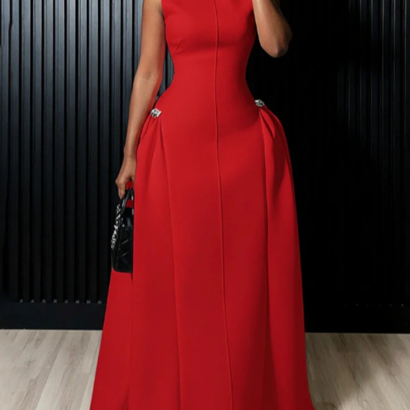 TEMU Vibrant Red Sleeveless Mock-neck Waist-tie Pleated Maxi Dress | Sleek And , Ideal For Gala Ceremonies, Special Dates, Luxury