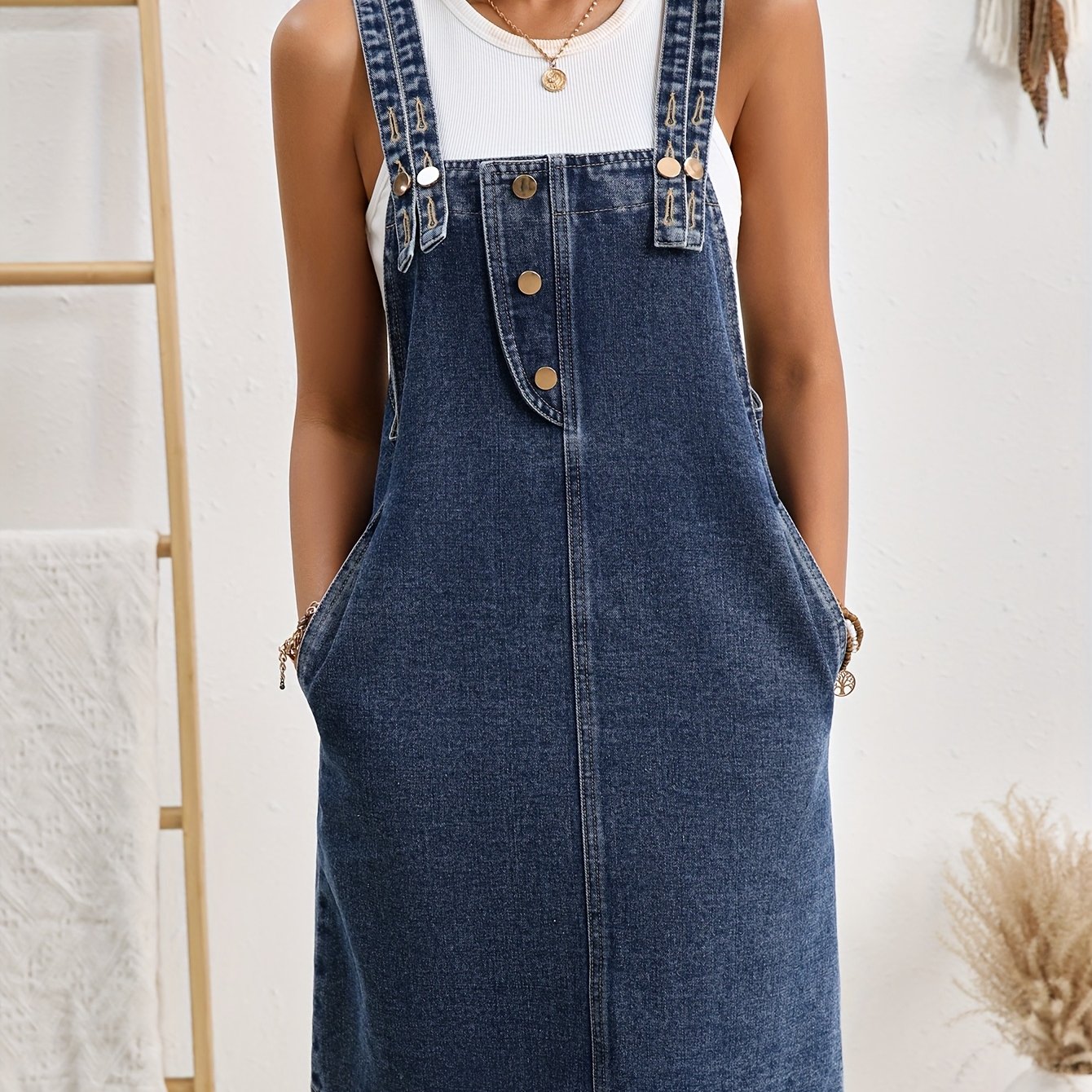 Women's Mid-length Loose-fitting Cute Denim Overalls Dress