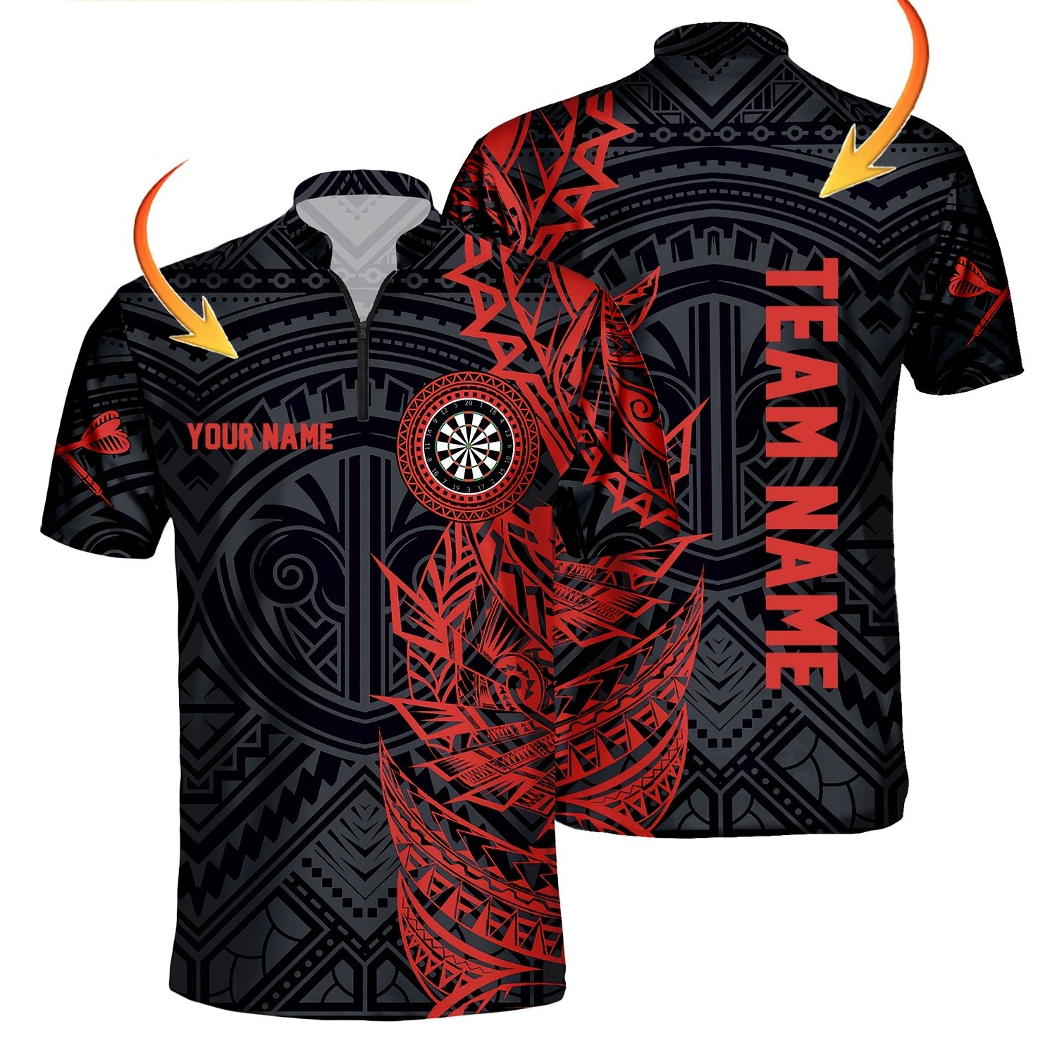 TEMU Personalized Name & Team Name Darts Wings Tribal Retro Pattern Printed Summer Men's Fashion Zipper Shirt