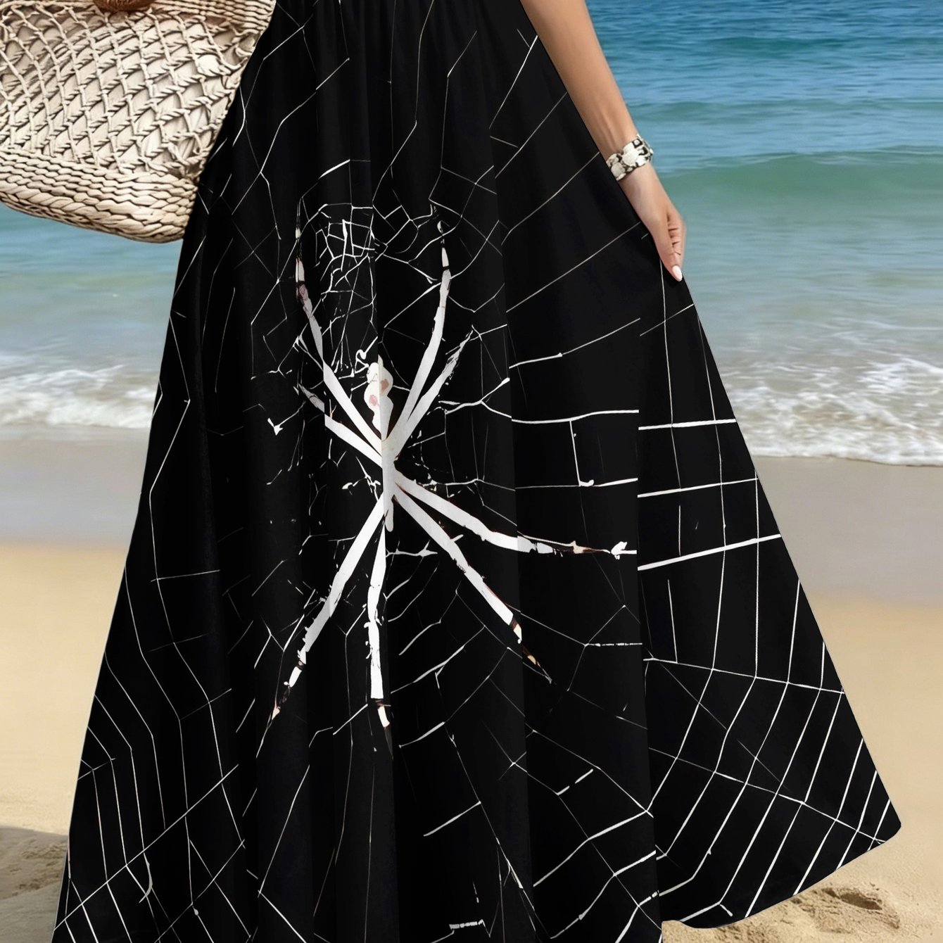 TEMU Plus-size Women's Elegant And Stylish Half Skirt, Casual Printed Midi Skirt, Spider Web Preying Pattern, Commuting/casual/dating/party/beach