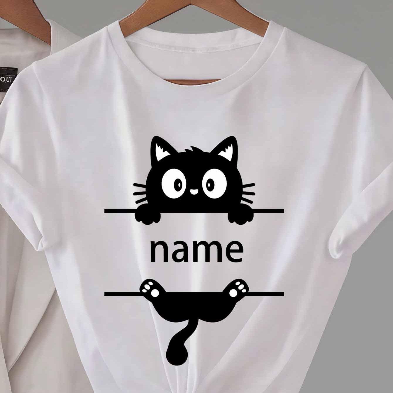 TEMU Customizable Cute Black Cat T-shirt | Personalized Name Design, Tie-waist Detail, Crew Neck, Stretch Fabric For Summer
